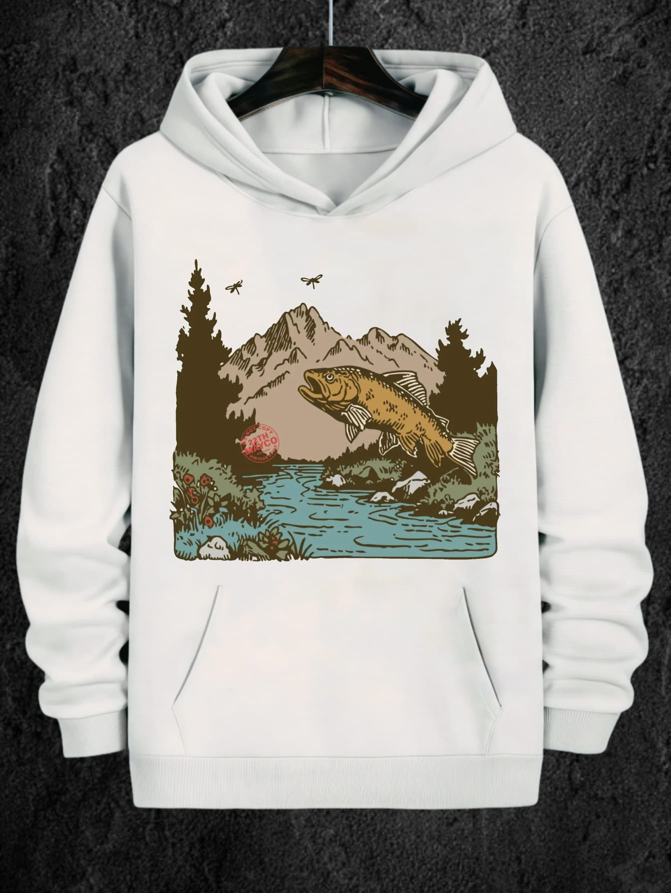 Tailorly Men's Printed Hoodie - Mountain River Among Pine Trees With Birds And Jumping Trout