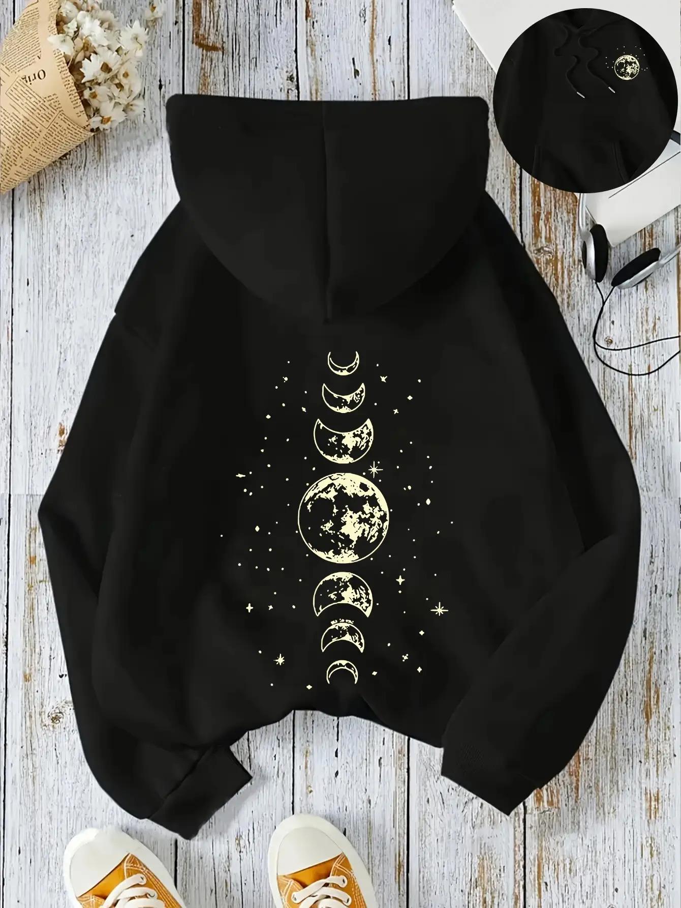 Tailorly Women's Printed Hoodie - Celestial Phases With Shimmering Stars And Glowing Moon Pattern