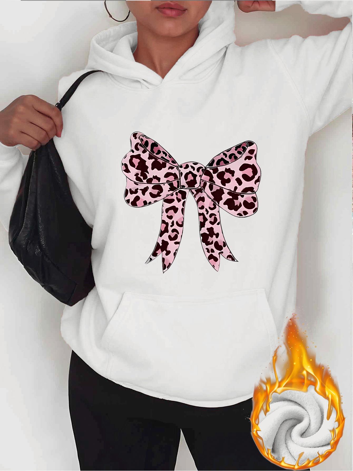 Tailorly Women's Printed Hoodie - Leopard Print Patterned Pink Ribbon With Soft Shadow Bow