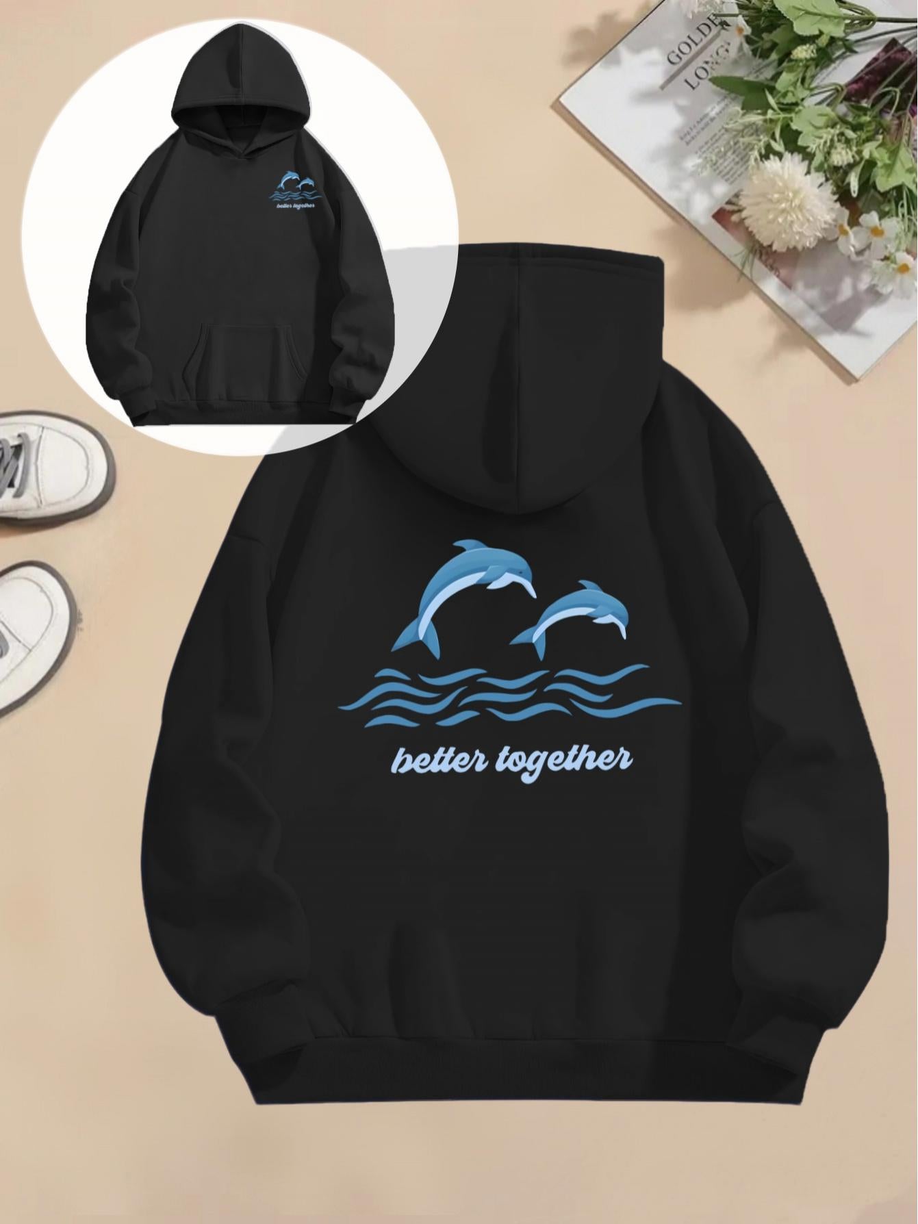 Tailorly Women's Printed Hoodie - Better Together Playful Blue Dolphins Leaping Above Ocean Waves
