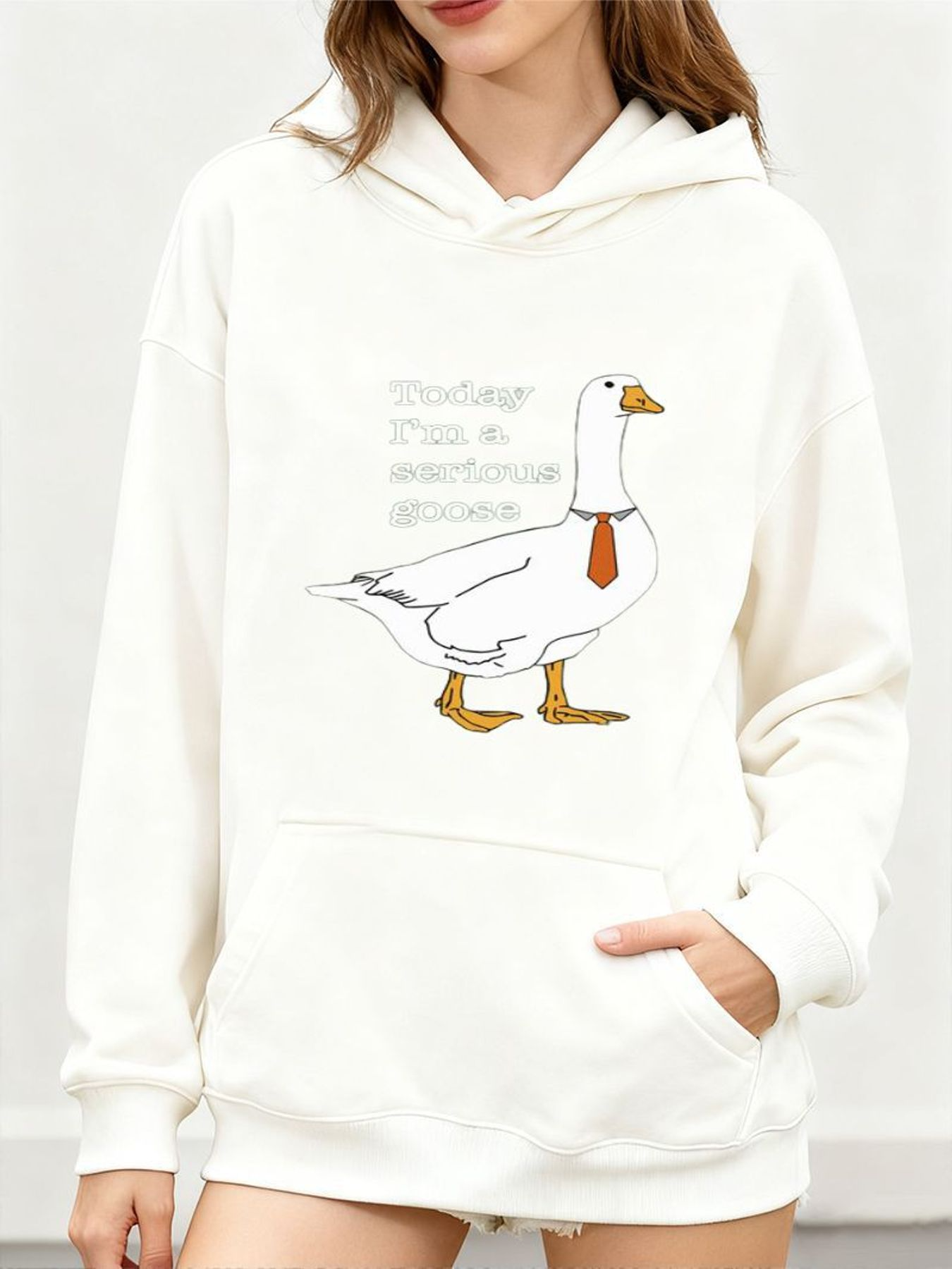 Tailorly Women's Printed Hoodie - Office Humor Tie Wearing Goose With Confident Standing Pose Goose