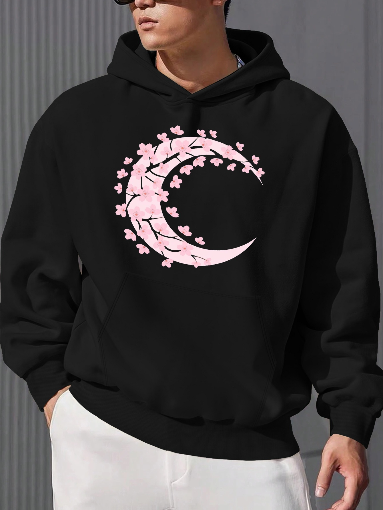 Tailorly Men's Printed Hoodie - Cherry Blossoms Flowing Under Crescent Shaped Pink Moon