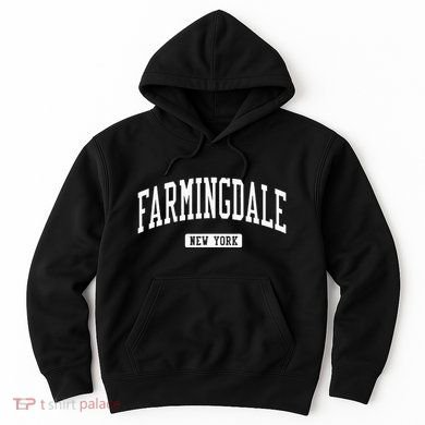 Tailorly Men's Printed Hoodie - Farmingdale New York Retro Collegiate Inspired Black Hoodie