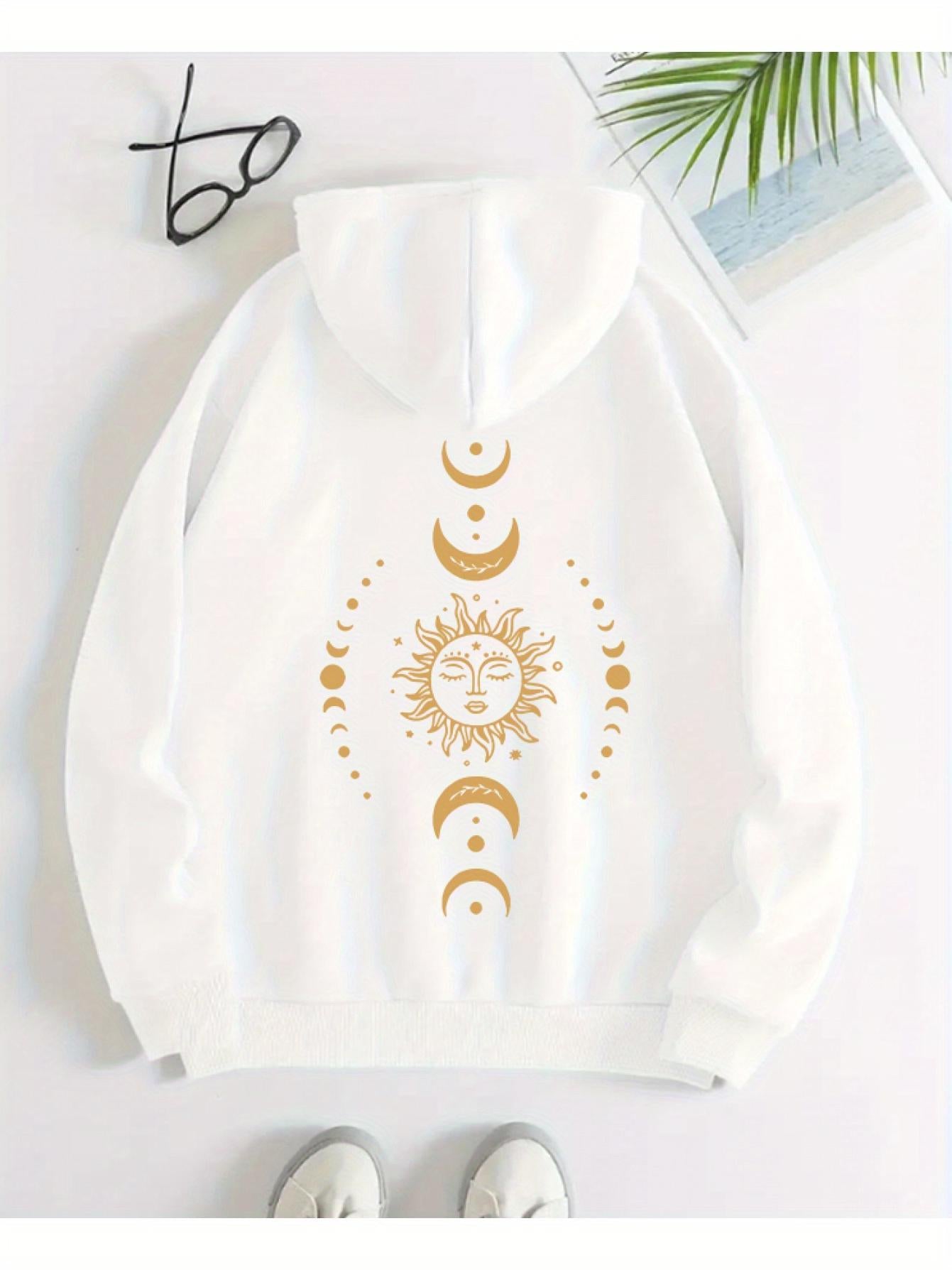 Tailorly Women's Printed Hoodie - Golden Crescent Moons Radiating Light Around Smiling Sun