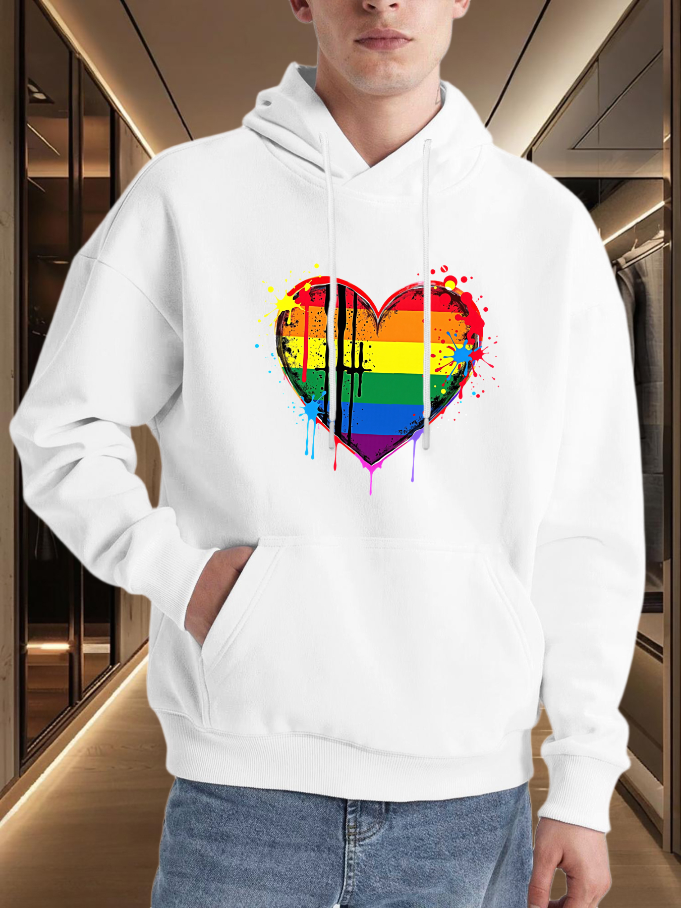 Tailorly Men's Printed Hoodie - Painterly Rainbow Colors With Bold Dripping Heart Center