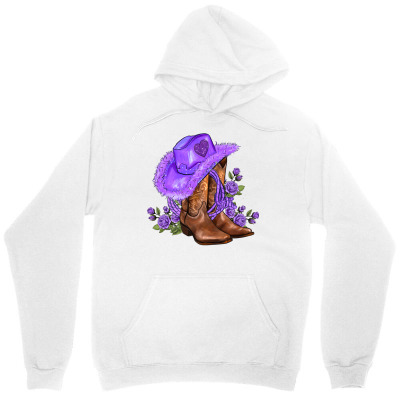 Tailorly Women's Printed Hoodie - Rustic Country Cowboy Boots With Purple Hat Among Blooming Wildflowers