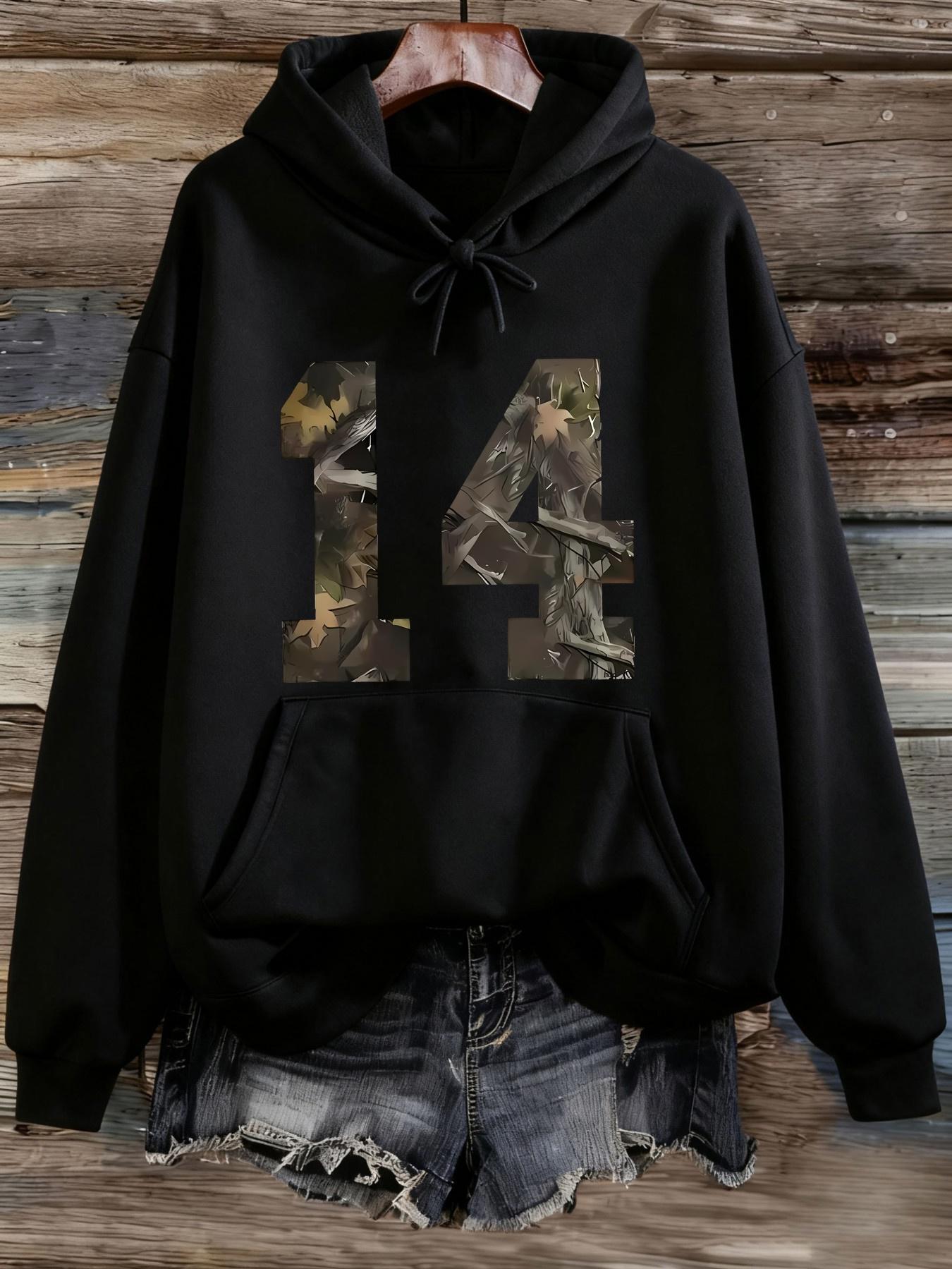 Tailorly Women's Printed Hoodie - Camouflage Printed Numbers Among Faded Distressed Black Fabric Hoodie