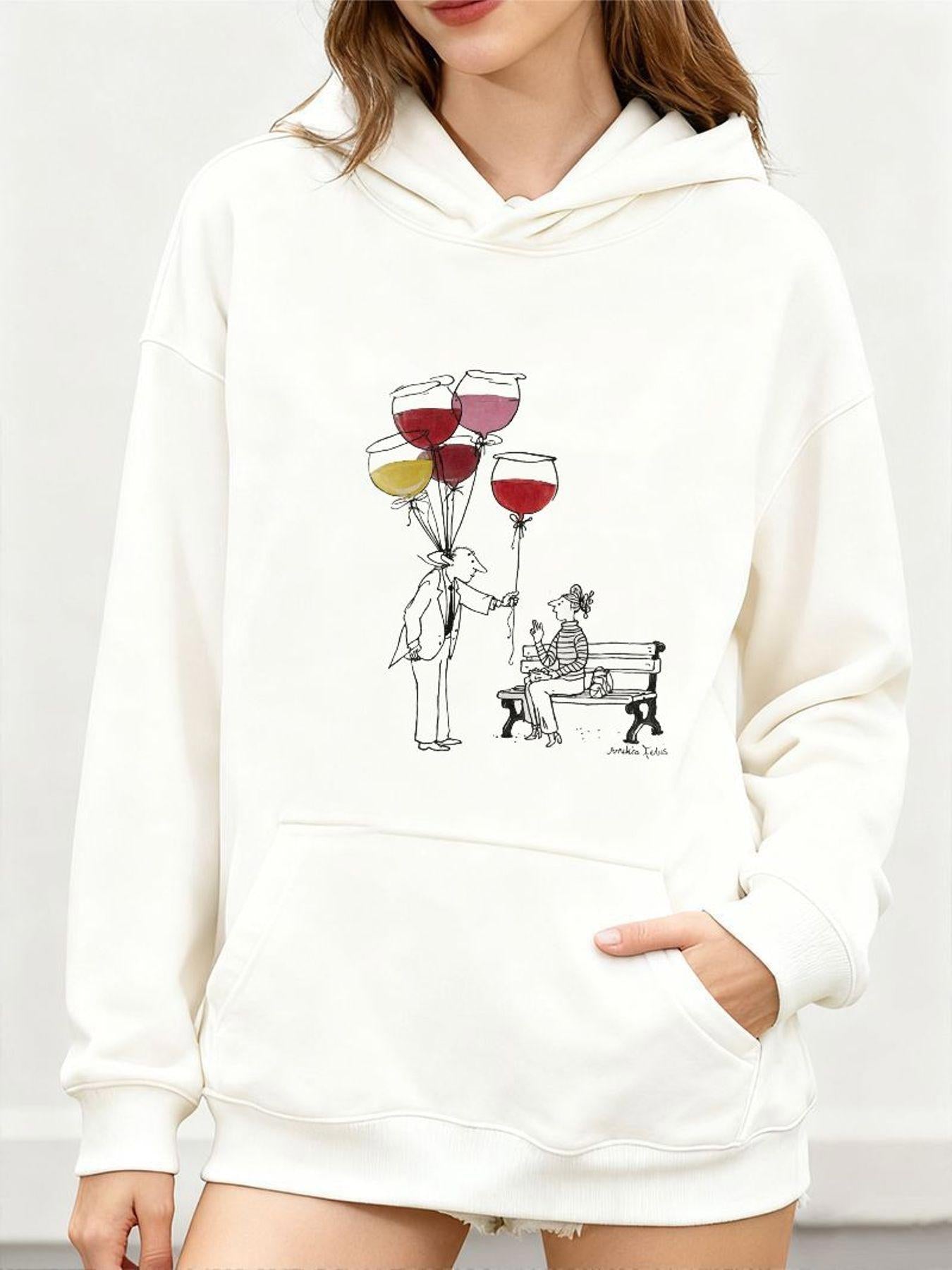 Tailorly Women's Printed Hoodie - Romantic Scene With Wine Glass Balloons Held Beside A Park Bench