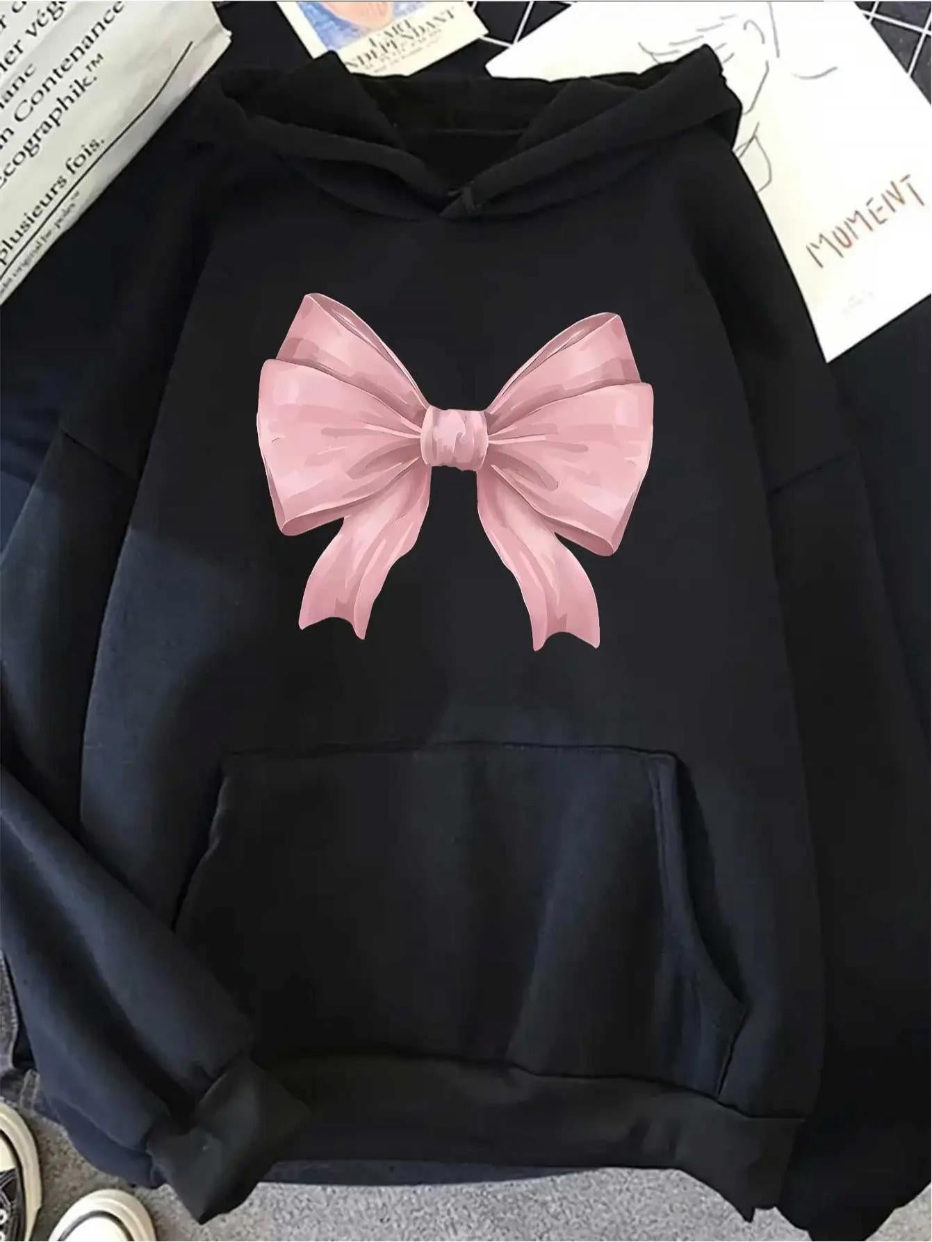 Tailorly Women's Printed Hoodie - Three Dimensional Pink Ribbon With Soft Shading Accented On Center Bow