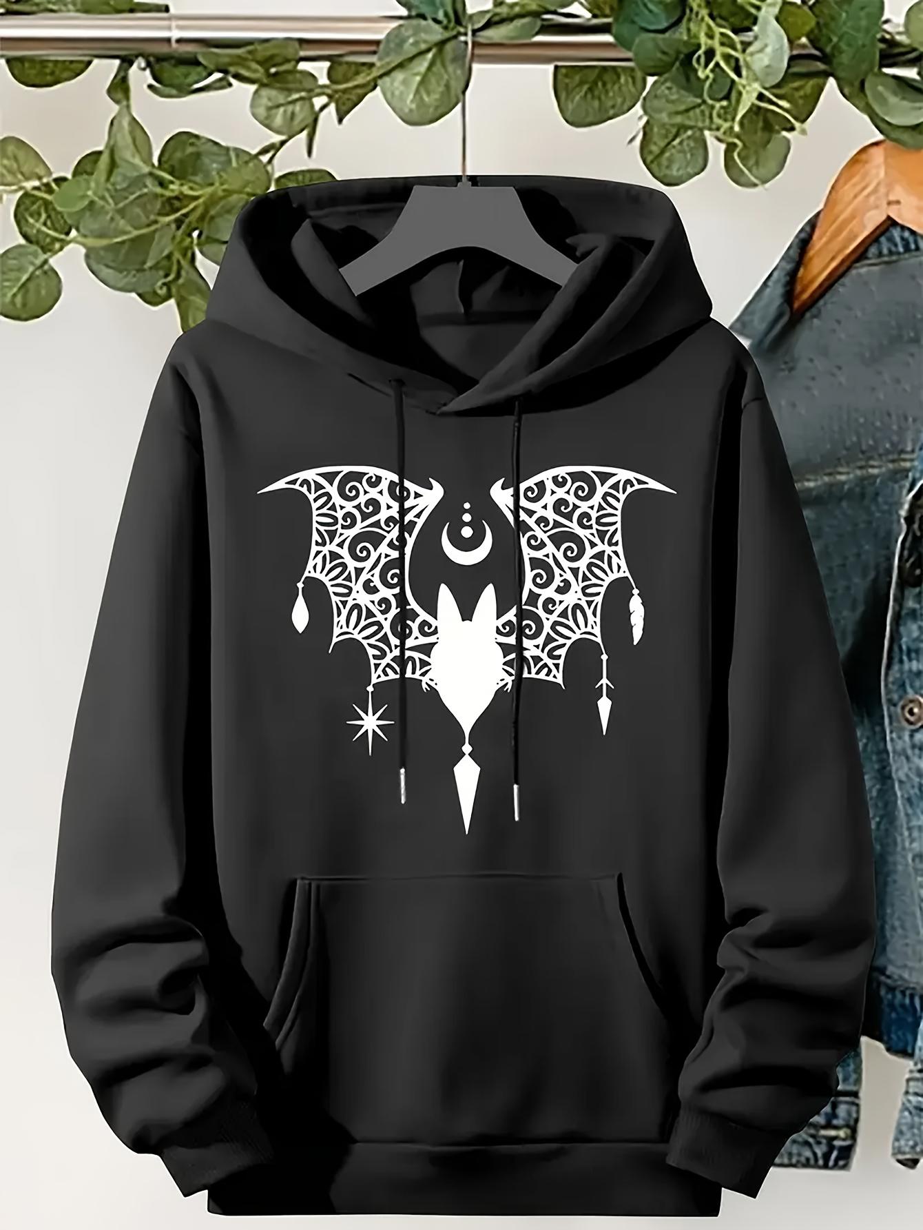 Tailorly Women's Printed Hoodie - Mystic Night Intricate Mandala Wings With Shimmering Crescent Surreal Bat