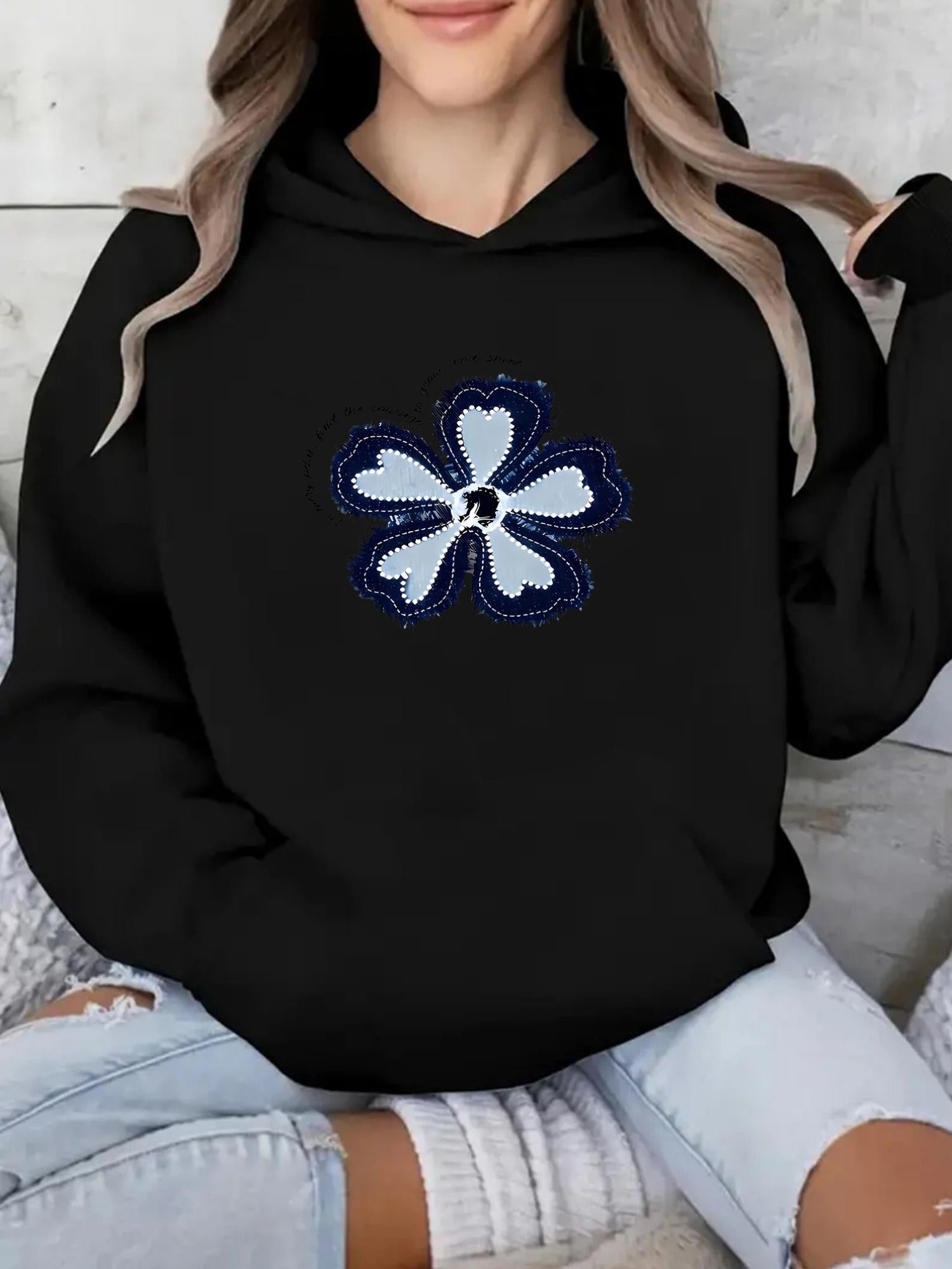 Tailorly Women's Printed Hoodie - Navy Blue Petals With Heart Shapes Surrounding White Flower