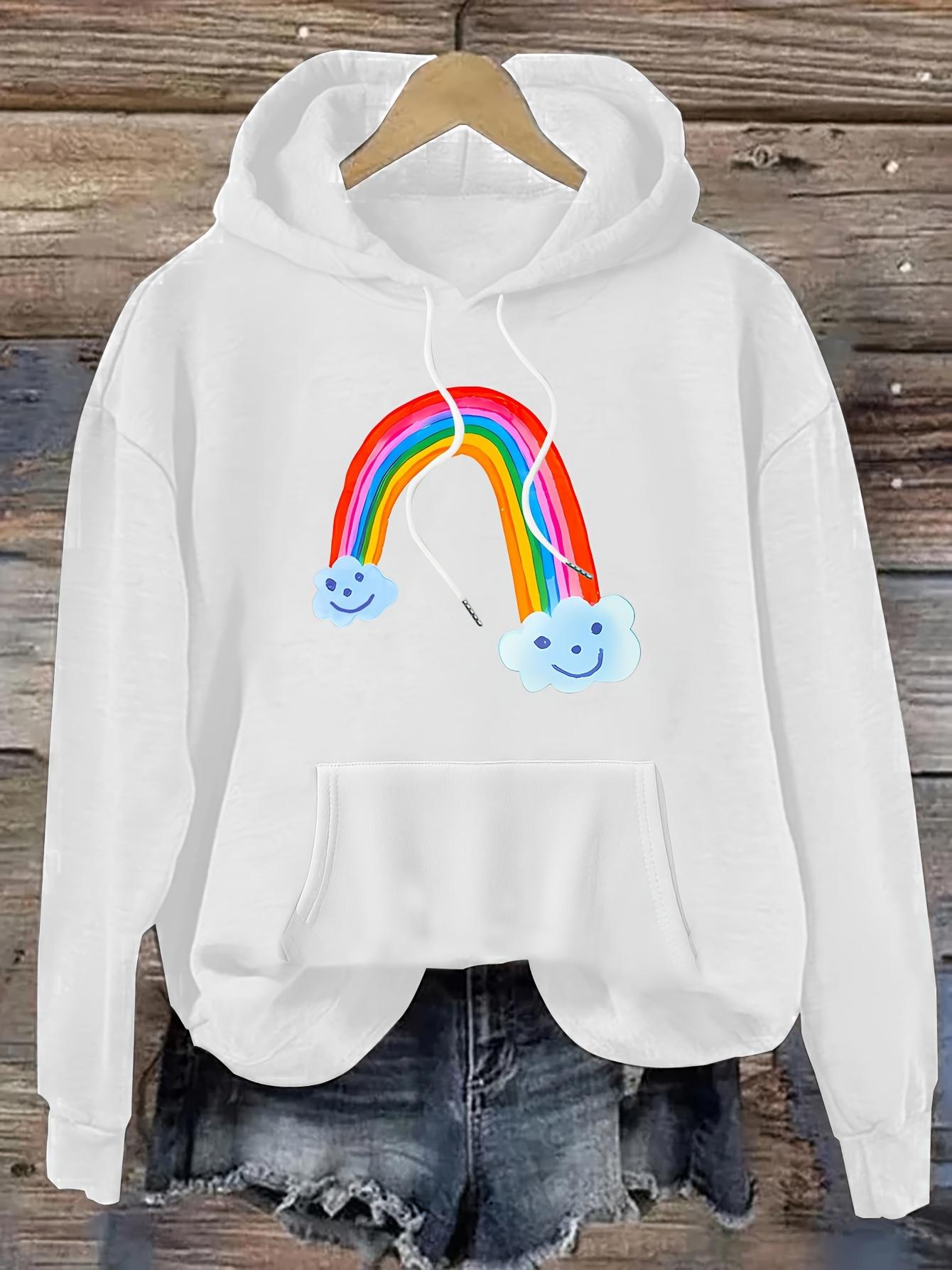 Tailorly Women's Printed Hoodie - Smiling Clouds With Rainbow Overplay On White Hoodie