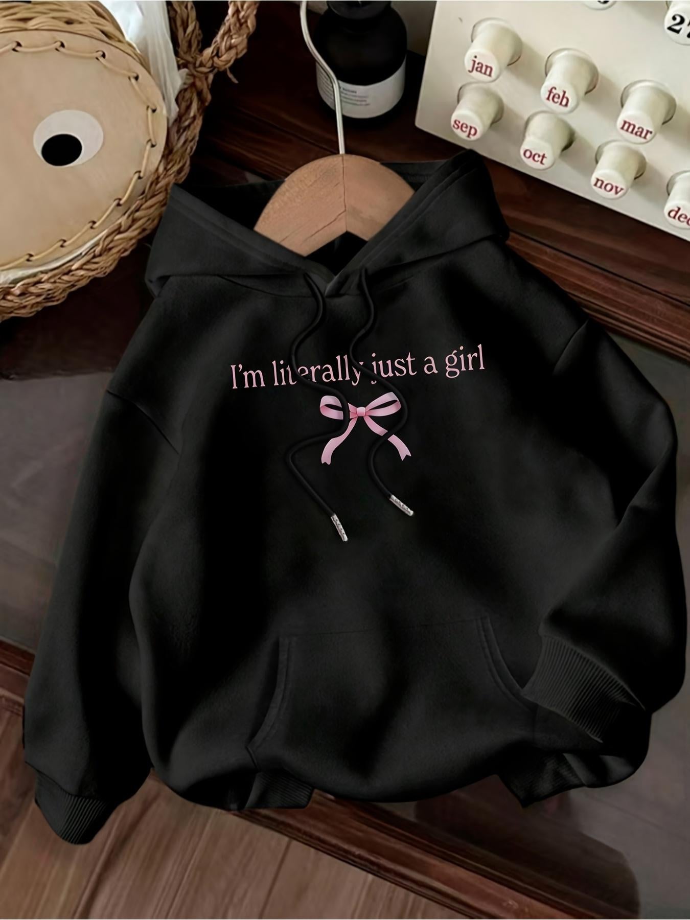Tailorly Women's Printed Hoodie - Im Literally Just A Girl Pink Ribbon Embroidery With Playful Bow Tie Motif Hooded Sweatshirt
