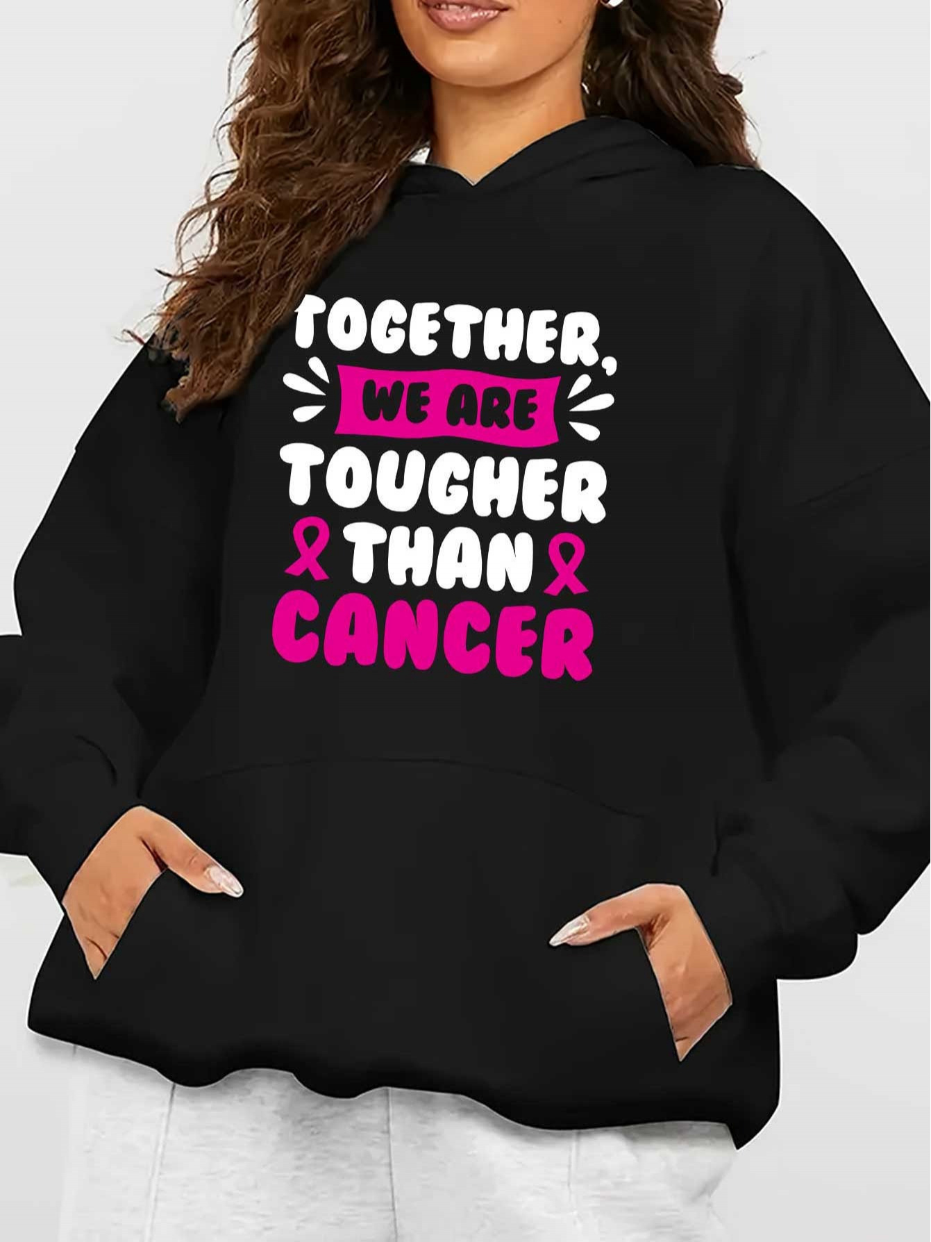 Tailorly Women's Printed Hoodie - Together We Are Tougher Than Cancer Pink Ribbon Support Statement Hoodie
