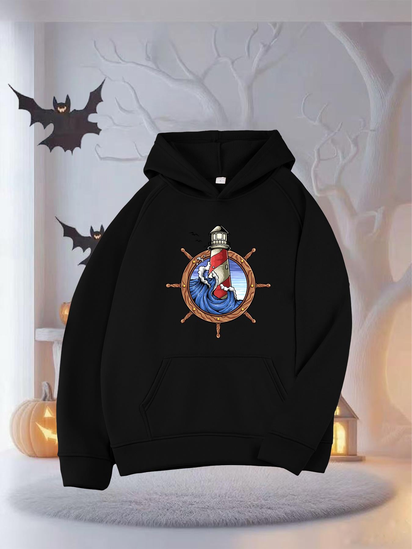 Tailorly Women's Printed Hoodie - Calm Blue Ocean Waves With Lighthouse Surrounded By Ship Wheel