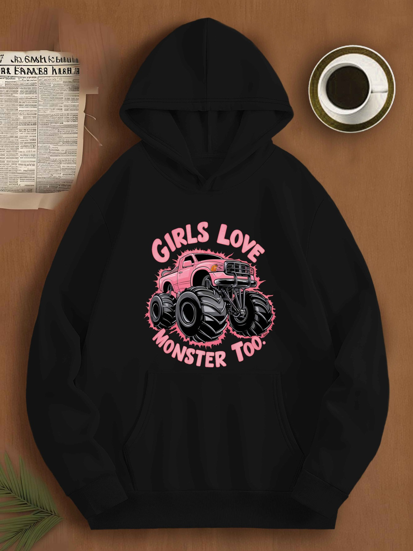 Tailorly Men's Printed Hoodie - Girls Love Vibrant Pink Power Monster Truck