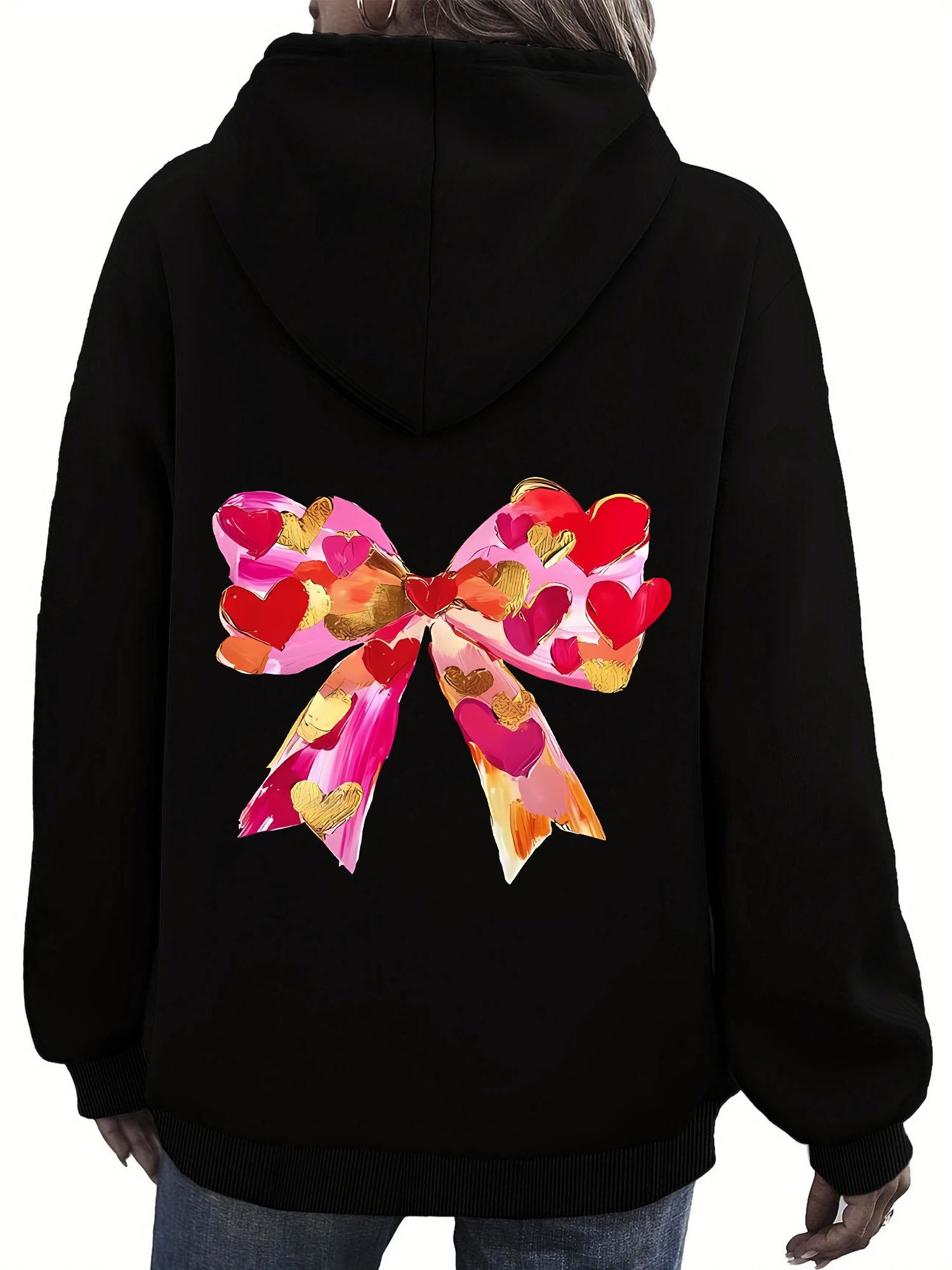 Tailorly Women's Printed Hoodie - Colorful Ribbon With Scattered Hearts Patterned Bow Design