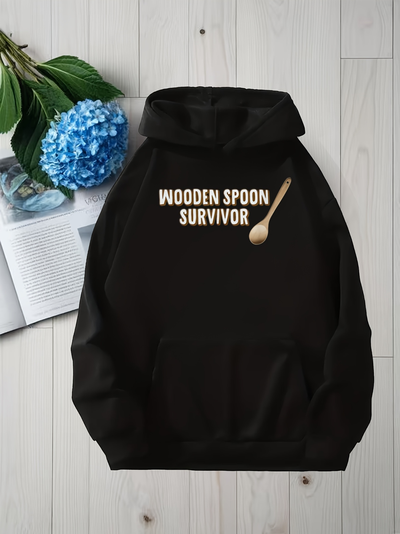 Tailorly Men's Printed Hoodie - Wooden Spoon Survivor With Realistic Wooden Cooking Utensil Motif Over Black Hoodie