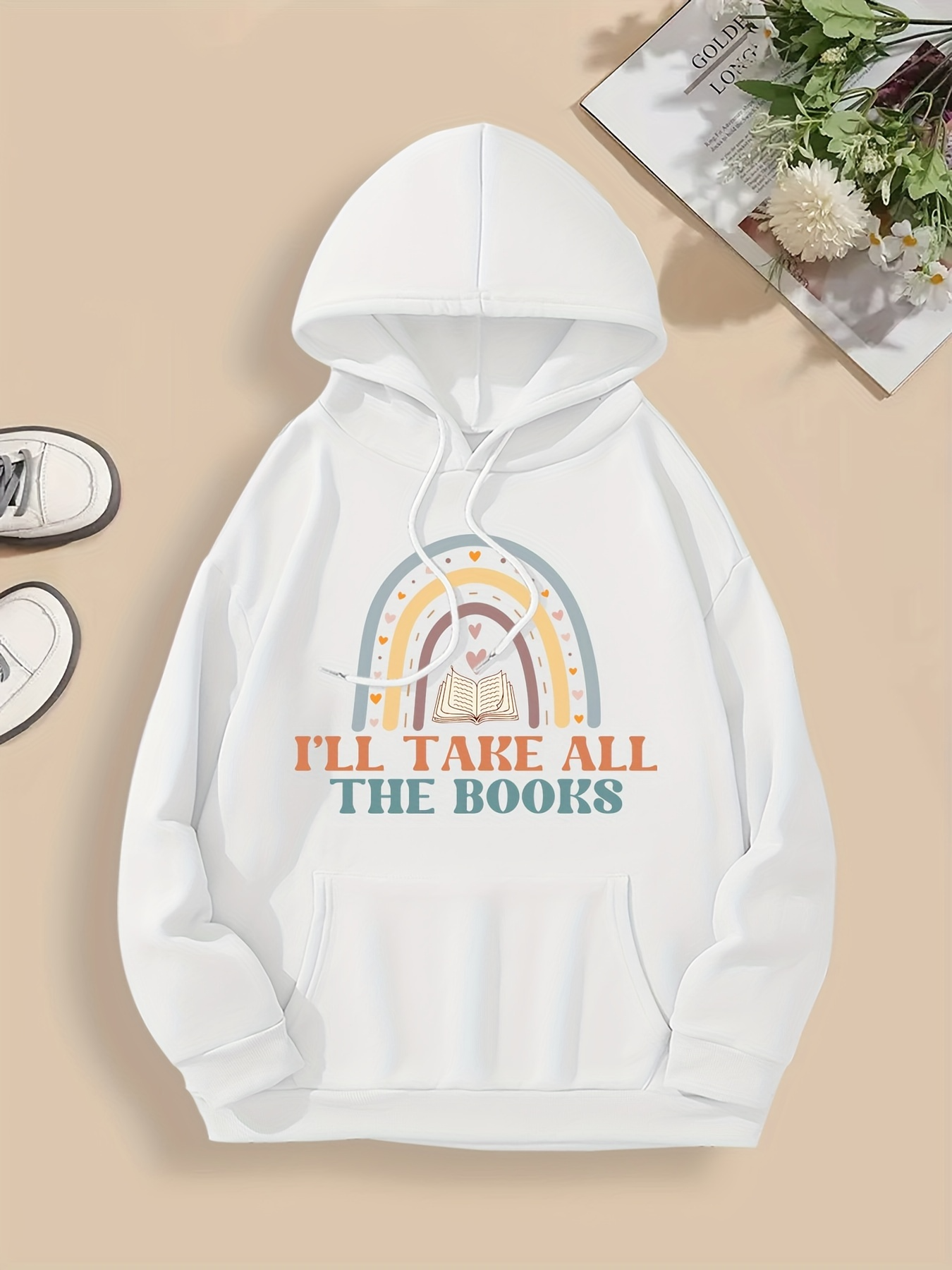 Tailorly Men's Printed Hoodie - Ill Take All The Books With Rainbow And Arched Pastel Accents Under Soft Clouds Hoodie