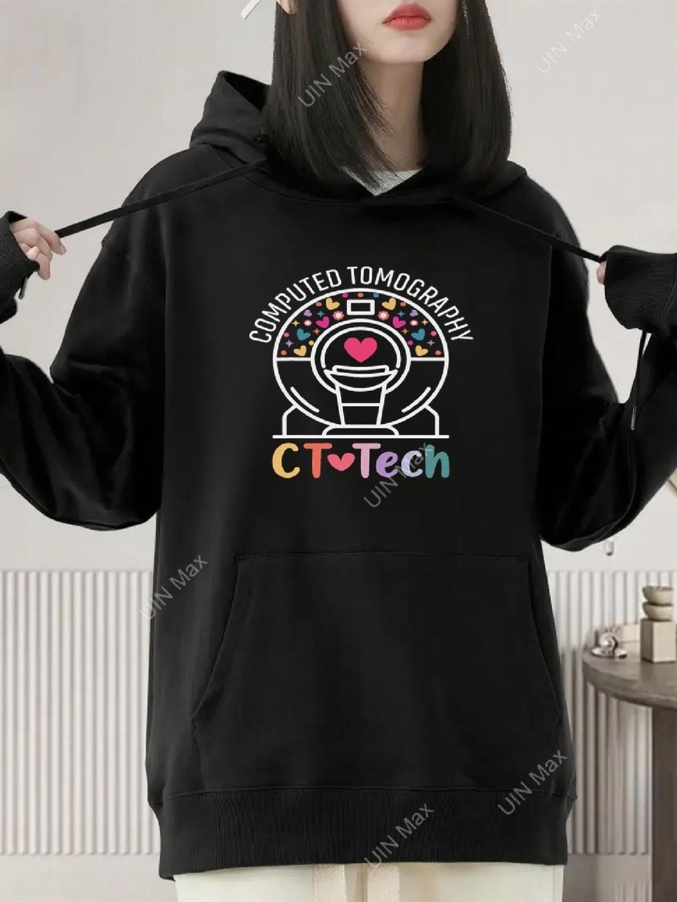 Tailorly Women's Printed Hoodie - Computed Tomography Colorful Medical Symbols Surrounding Ct Tech