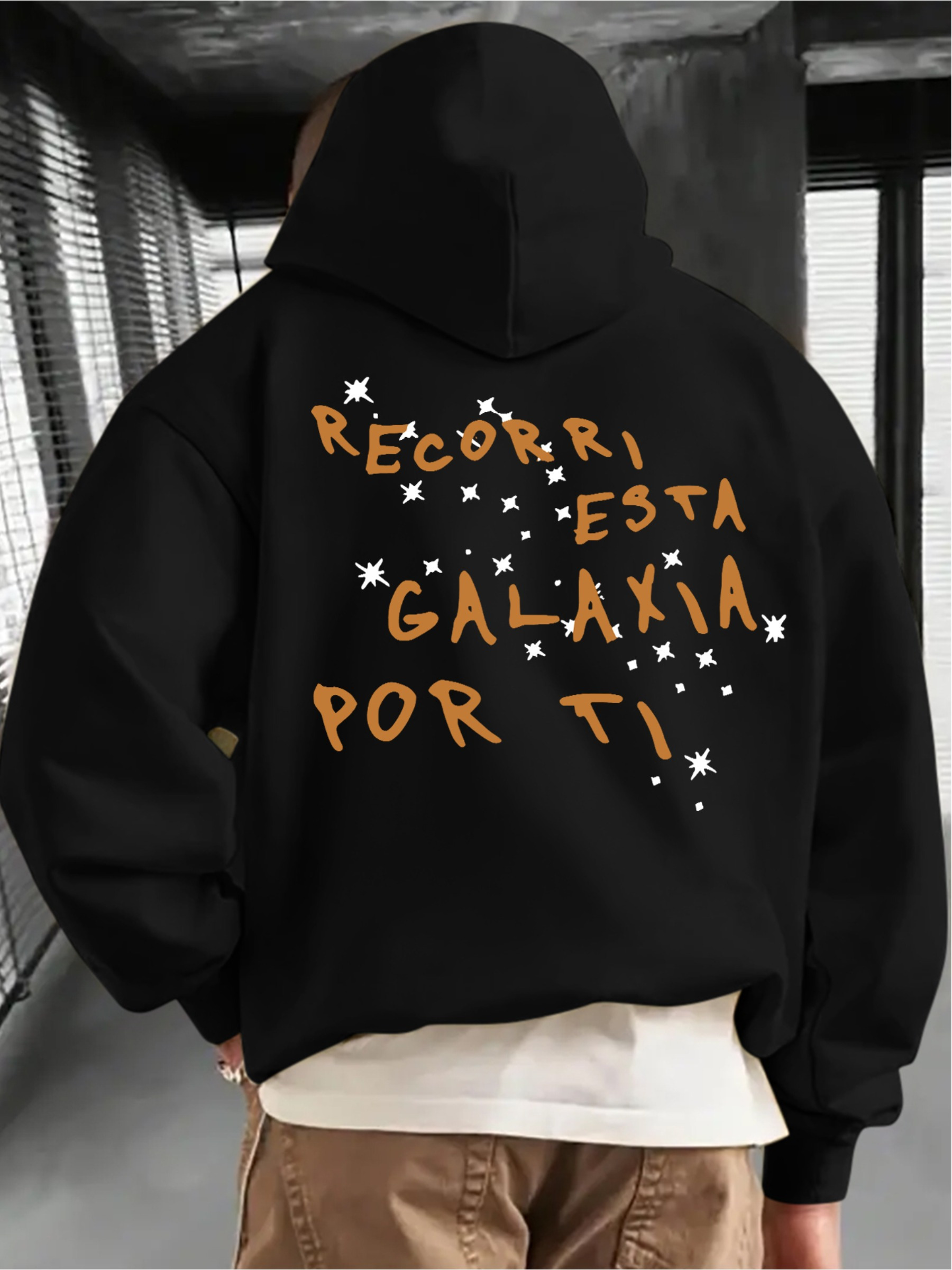 Tailorly Men's Printed Hoodie - Scattered Orange Lettering With Doodle White Stars Across Black Hoodie