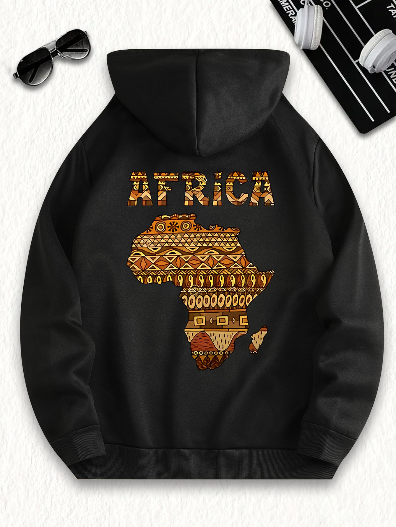 Tailorly Men's Printed Hoodie - Tribal Patterns And Geometric Shapes With Earth Tones Africa Map