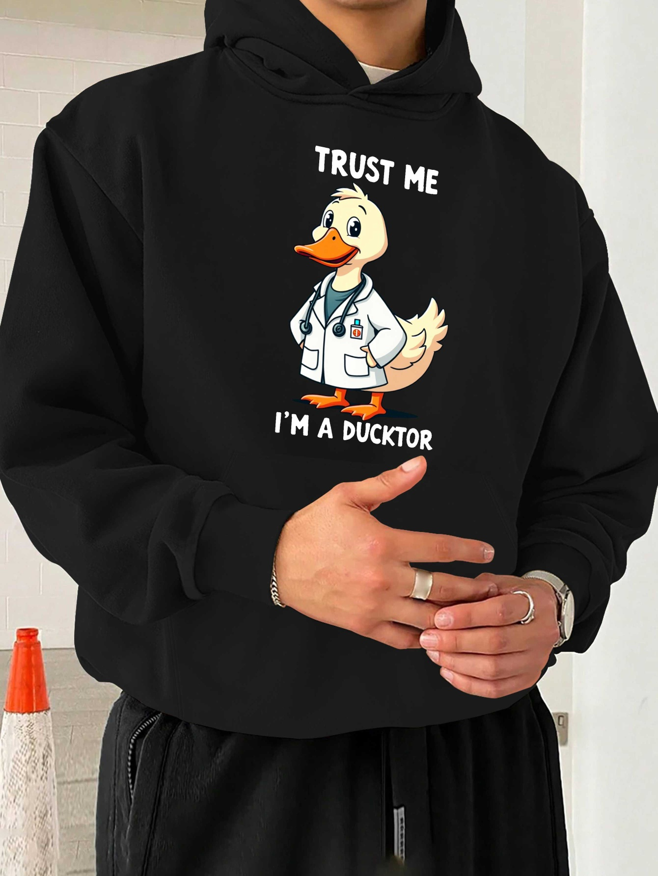 Tailorly Men's Printed Hoodie - Trust Me I Am A Ducktor With Cartoon Duck Wearing A Doctors Coat
