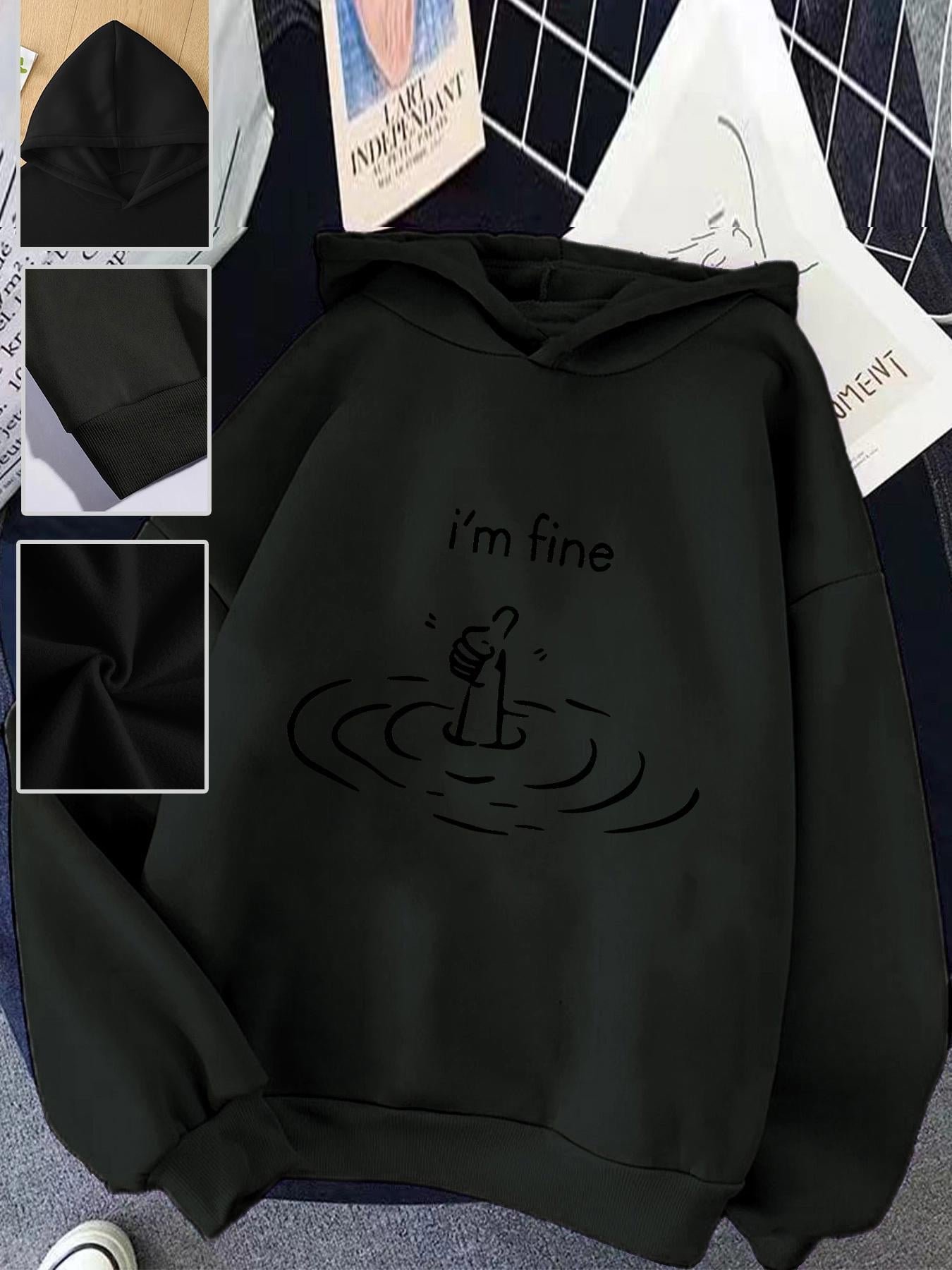 Tailorly Women's Printed Hoodie - Im Fine Rippling Water With Lonely Cartoon Figure Under Night Sky Hoodie