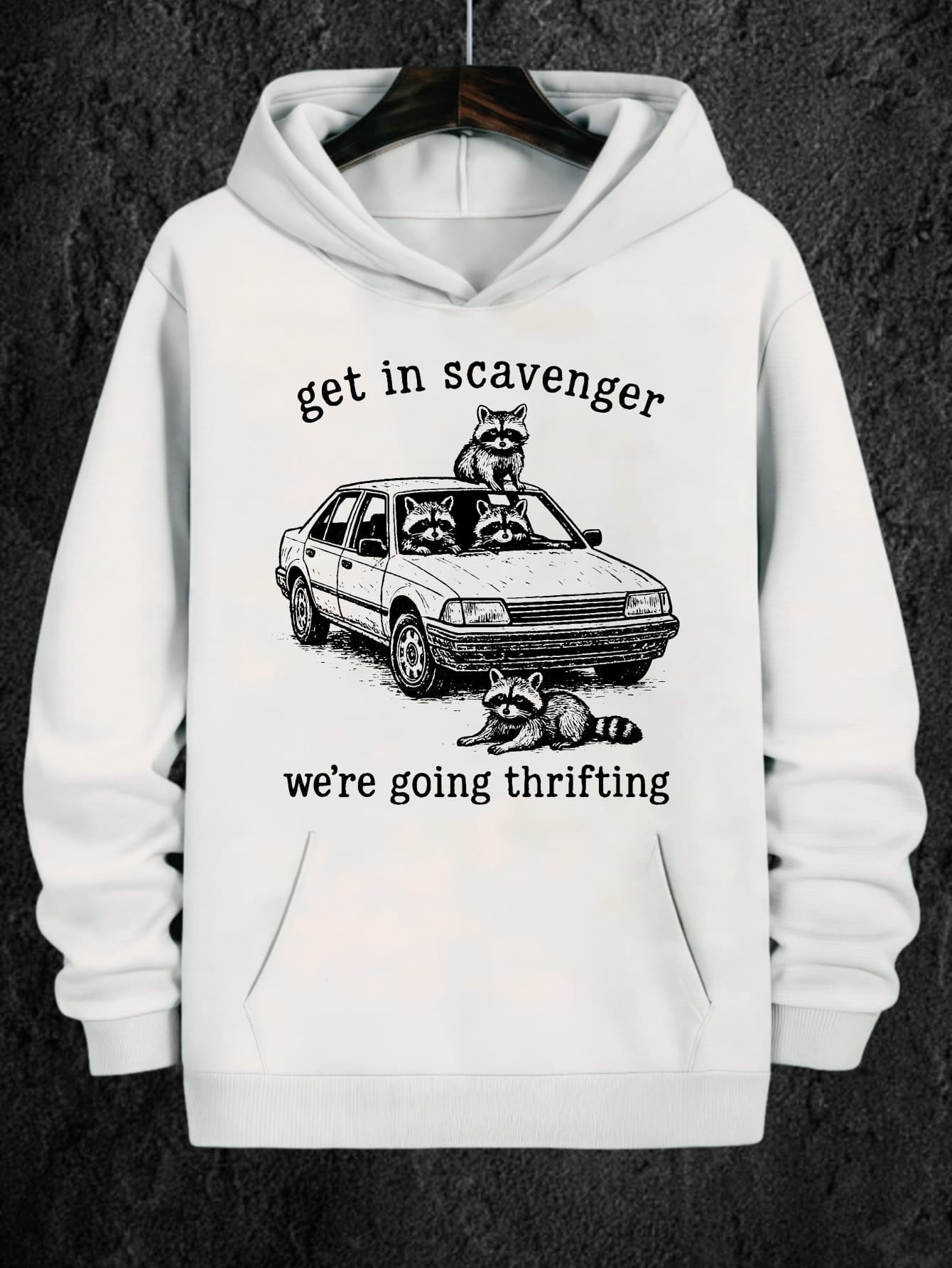 Tailorly Men's Printed Hoodie - Get In Scavenger With Playful Raccoons Hanging Around Abandoned Vintage Car