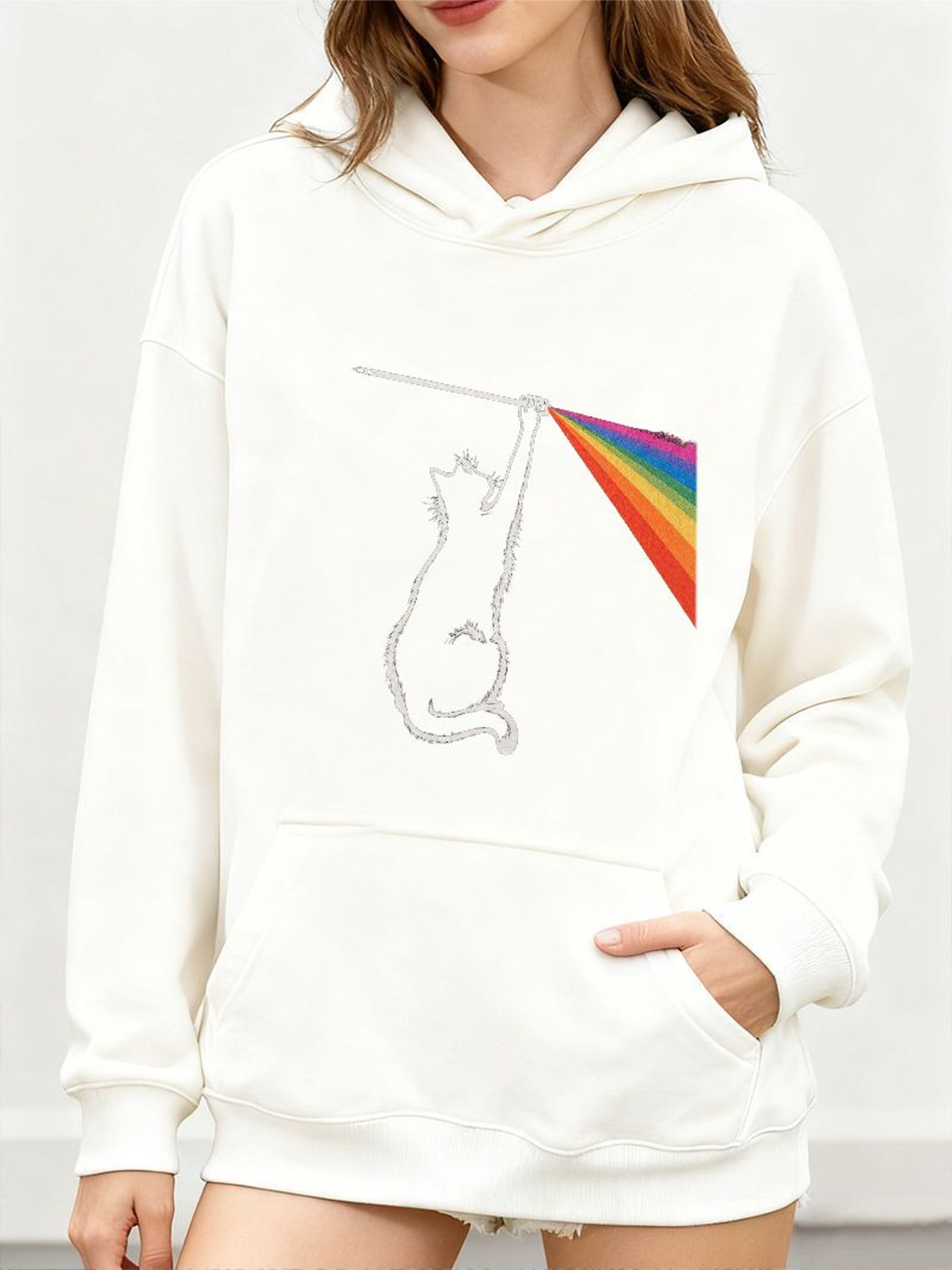 Tailorly Women's Printed Hoodie - Minimalist Cat Holding Rainbow Flag With Playful Gesture Hoodie
