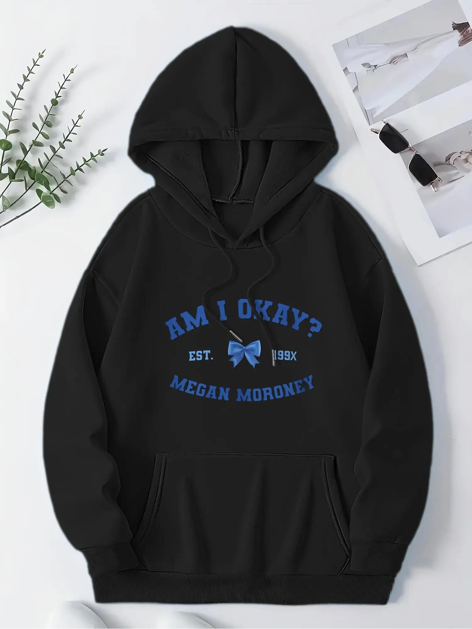 Tailorly Women's Printed Hoodie - Am I Okay With Blue Bow Graphic On Black Hoodie