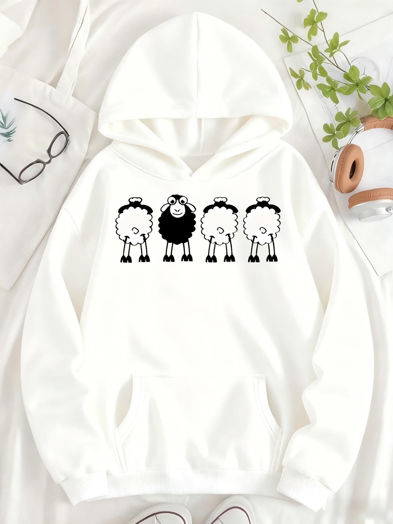 Tailorly Women's Printed Hoodie - Playful Cartoon Style Sheep Standing Together Hoodie
