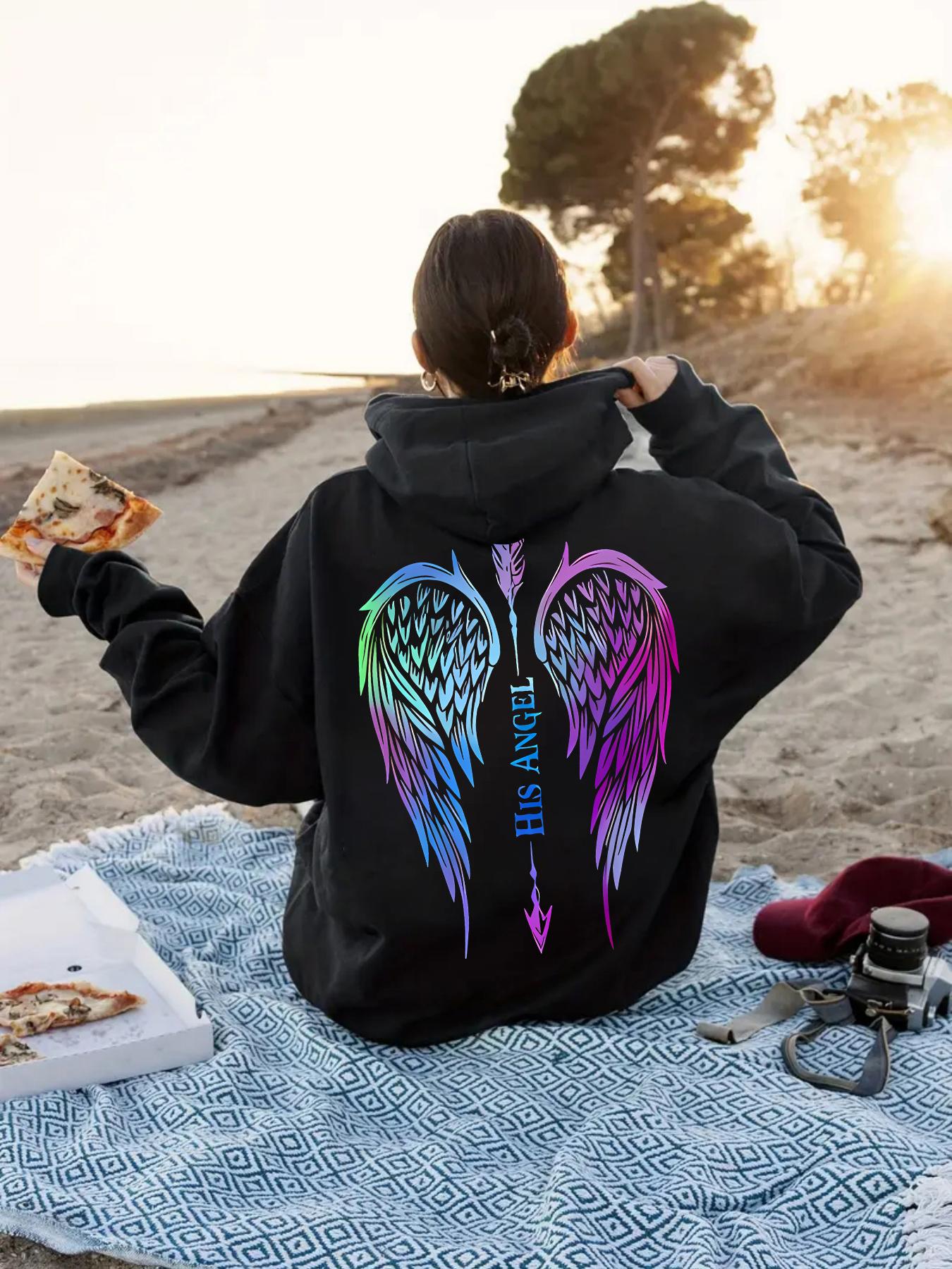 Tailorly Women's Printed Hoodie - Neon Rainbow Brush Strokes Forming Textured Angel Wings