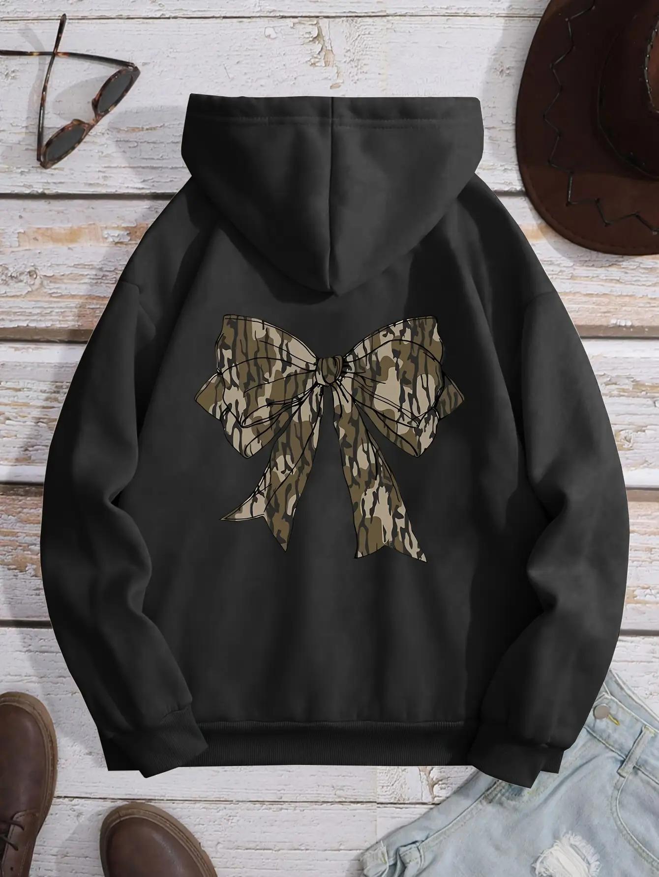 Tailorly Women's Printed Hoodie - Camouflage Pattern Ribbon Print With Rustic Fabric Bow