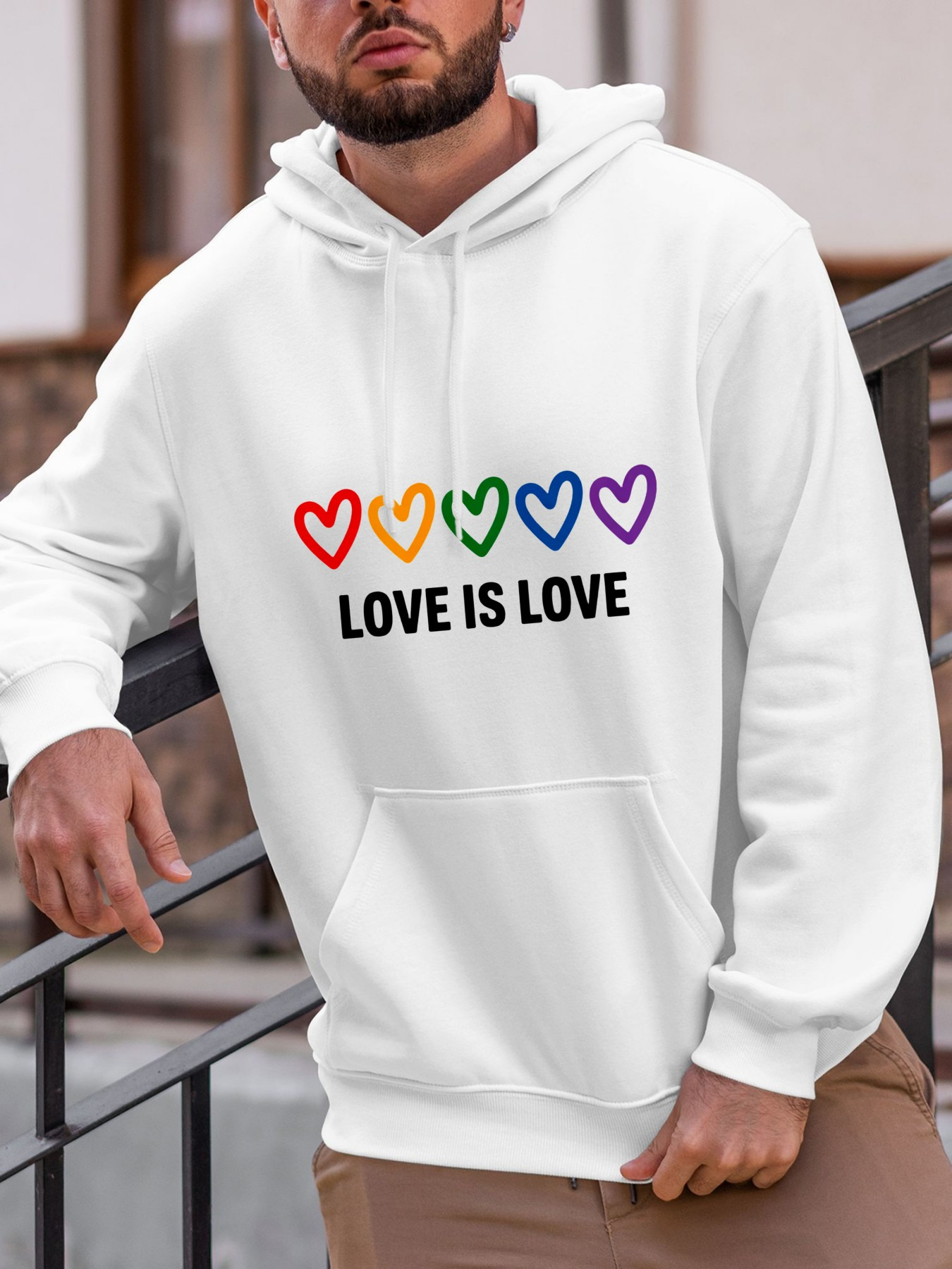 Tailorly Men's Printed Hoodie - Love Is Love Colorful Hand Drawn Hearts With Simple Linework Above Text