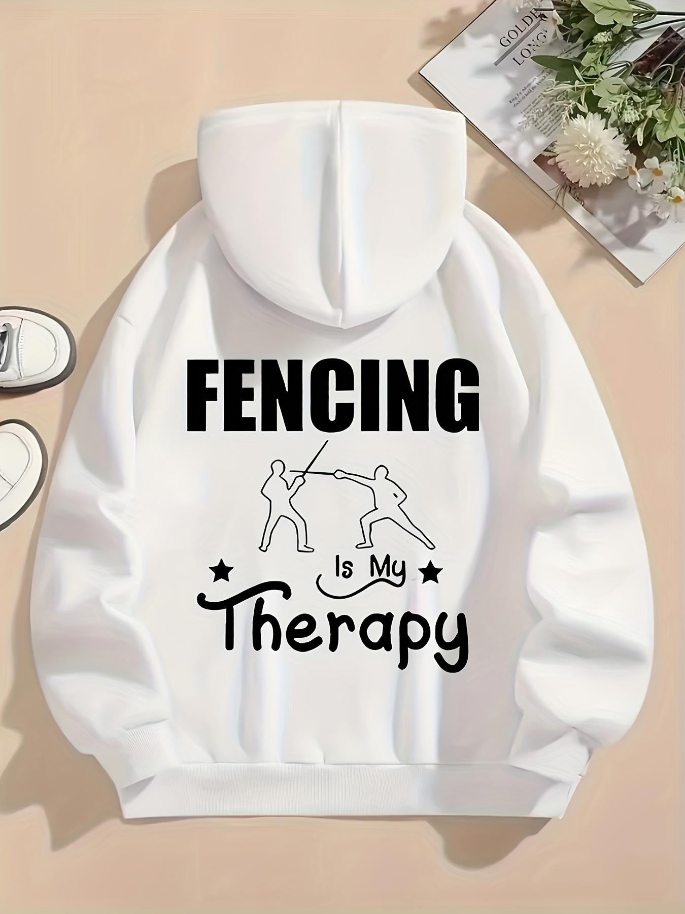 Tailorly Women's Printed Hoodie - Fencing Is My Therapy Two People Duelling With Swords Surrounded By Stars Silhouette