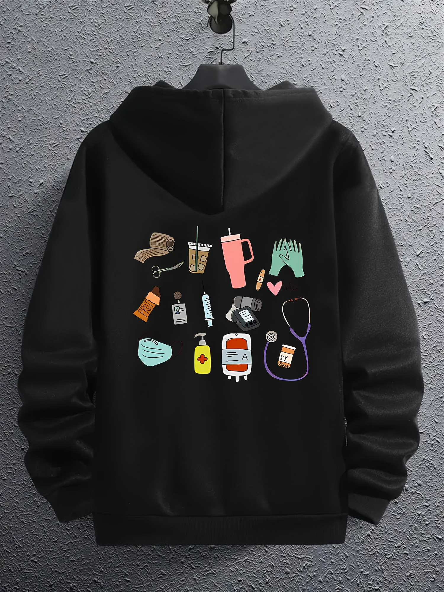 Tailorly Men's Printed Hoodie - Assorted Medical Tools With Beverages And Hat Scattered Among Colorful Icons