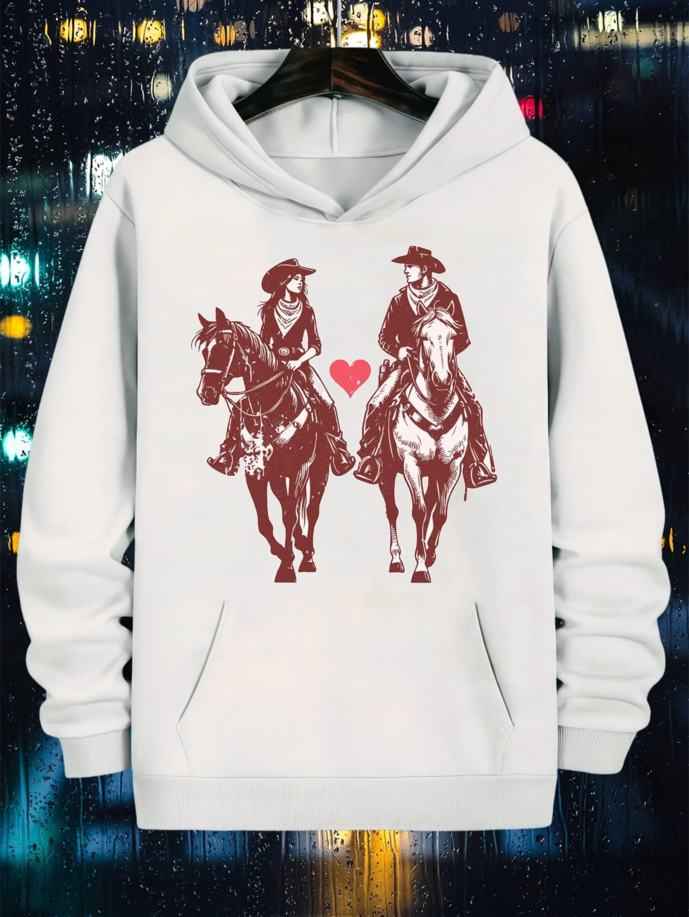 Tailorly Men's Printed Hoodie - Romantic Night Riders Journey With Two Horses And A Red Heart