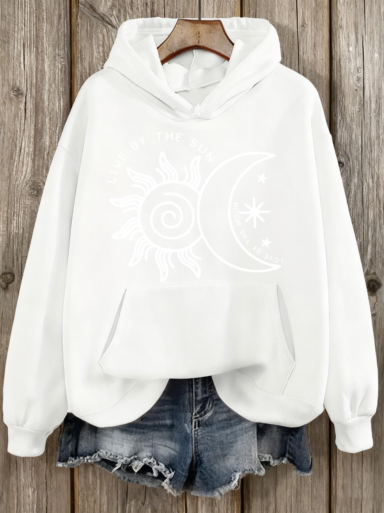 Tailorly Women's Printed Hoodie - Celestial Symbols With Swirling Sun And Crescent Moon Hoodie