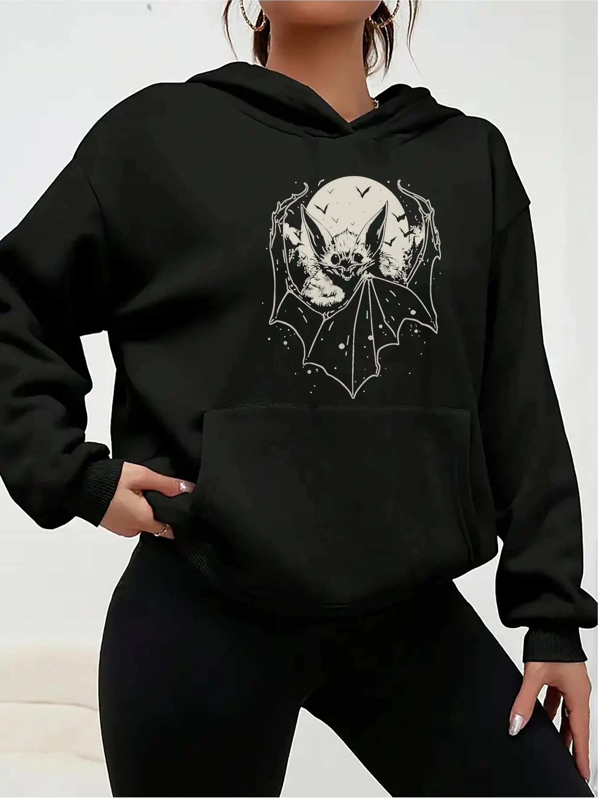 Tailorly Women's Printed Hoodie - Gothic Night With Crescent Moon Surrounded By Bats Under Starry Sky Bat