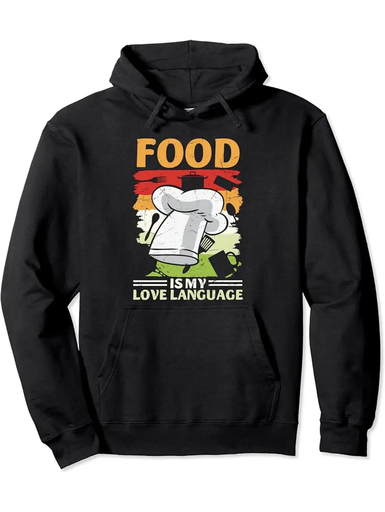 Tailorly Men's Printed Hoodie - Food Is My Love Language Whimsical Chef Hat Among Colorful Retro Graphics