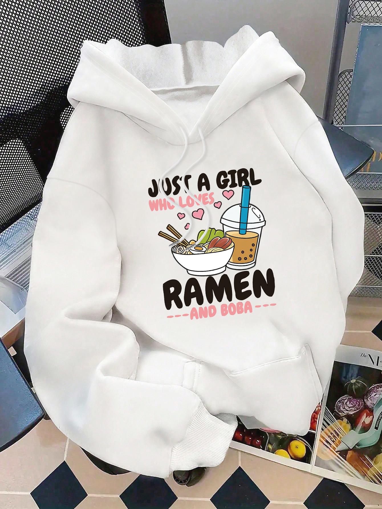Tailorly Women's Printed Hoodie - Just A Girl With Hearts Delicious Ramen With Boba Drink Bowl