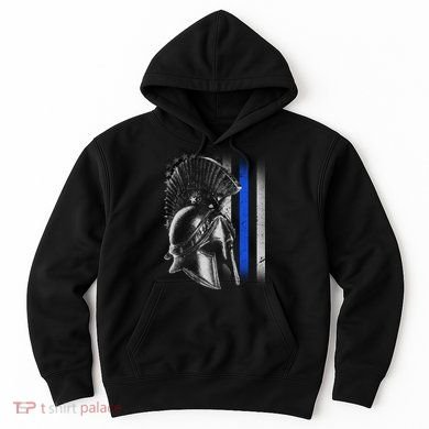 Tailorly Men's Printed Hoodie - Chrome Spartan Helmet With Blue Line Against Matte Shadowed Background