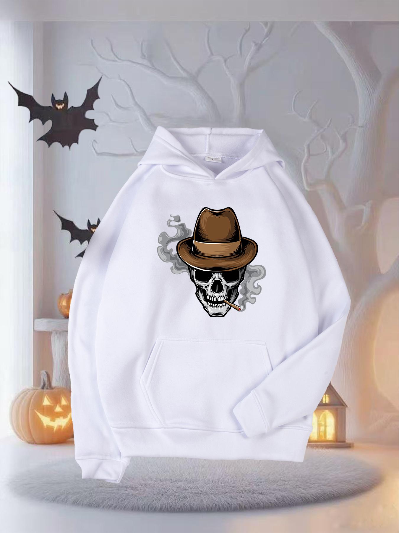 Tailorly Women's Printed Hoodie - Grinning Skull With Brown Cowboy Hat Surrounded By Smoky Shadows Hooded Sweatshirt