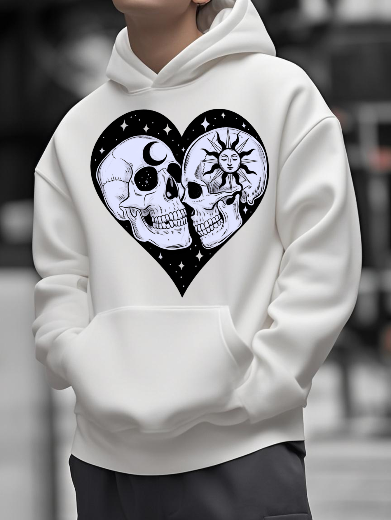 Tailorly Men's Printed Hoodie - Black Heart Shaped Design With Celestial Elements And Two Detailed Skulls