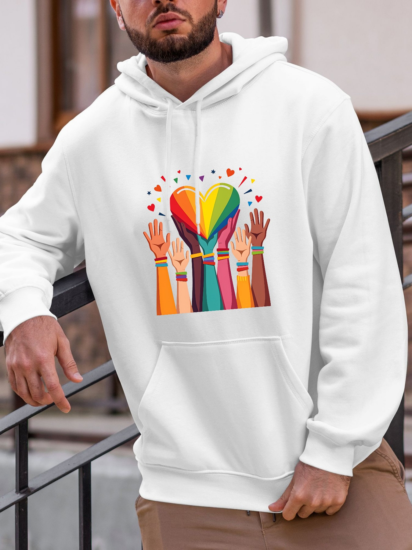 Tailorly Men's Printed Hoodie - Colorful Raised Hands With Rainbow Heart Surrounded By Small Bright Hearts