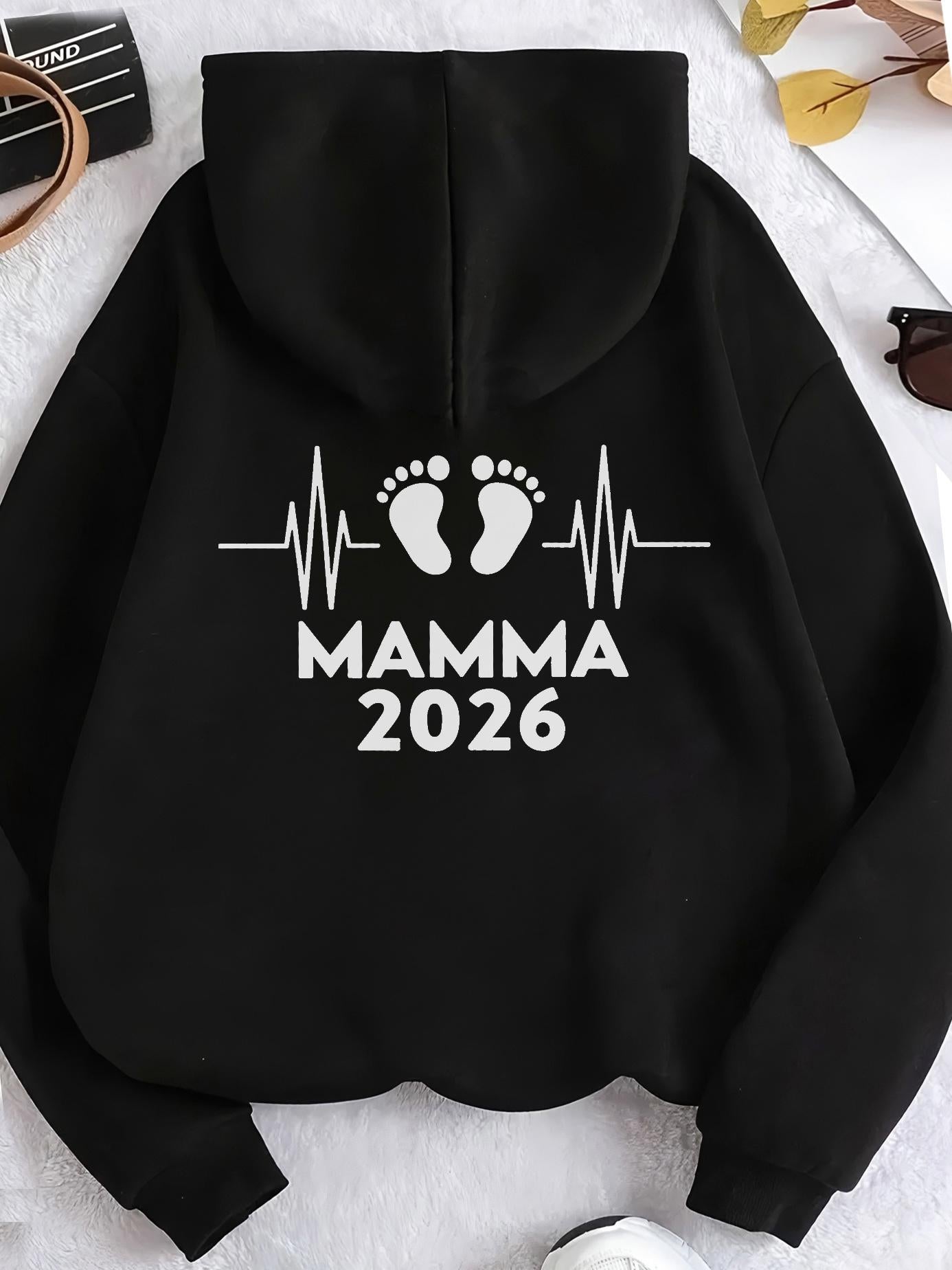 Tailorly Women's Printed Hoodie - Mamma 2026 Baby Footprints With Heartbeat Line On Hoodie