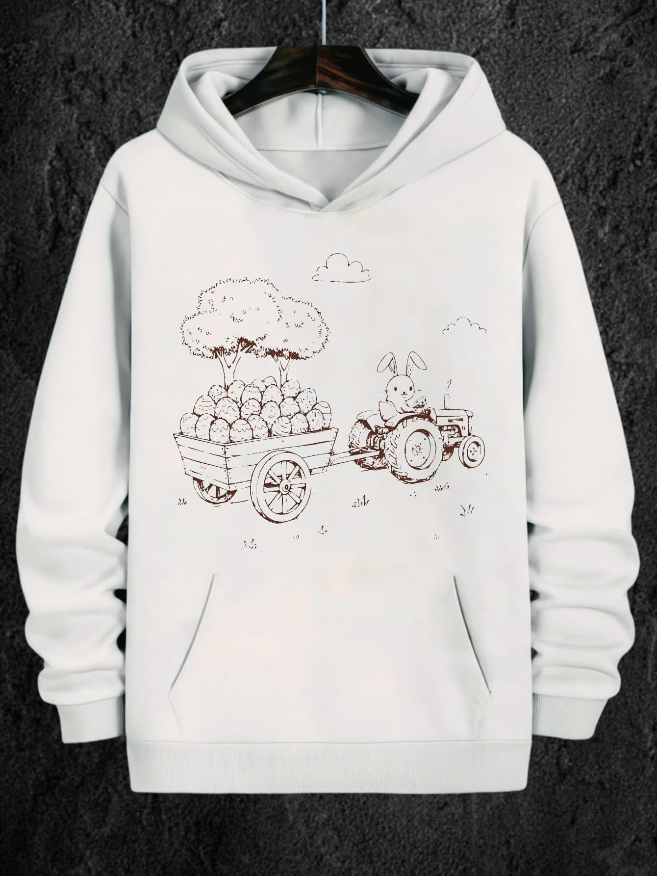 Tailorly Men's Printed Hoodie - Rustic Landscape With Tree Clouds Rolling Farmland And Classic Tractor