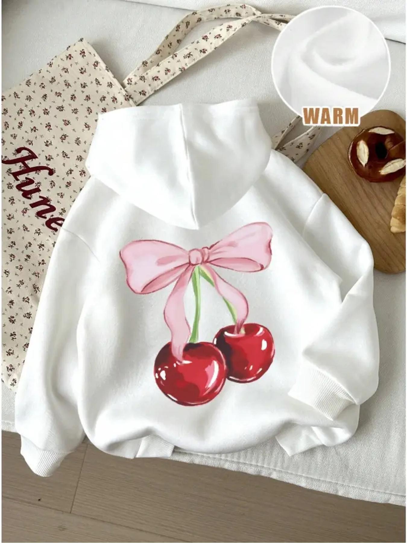 Tailorly Women's Printed Hoodie - Glossy Red Cherries With Pink Ribbon On Soft White Hoodie