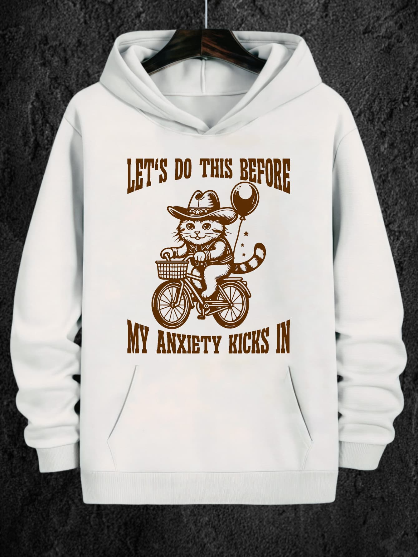 Tailorly Men's Printed Hoodie - Lets Do This Before My Anxiety Kicks In With Cartoon Cat Riding Bicycle